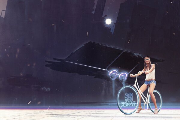 Ciencia ficción chica en bicicleta, noche Luna futuro
