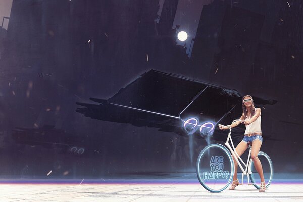 Fantasia ragazza in bicicletta, notte Luna futuro