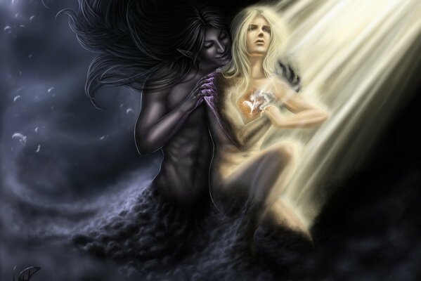 Fantastic Art. A demon in a black fog and an angel in the rays of the sun