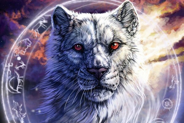 Arte de hocico de lobo con ojos rojos y símbolos