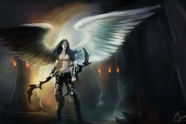 Ангел с оружием стоит на фоне развалин