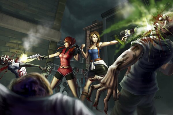 Two girls are fighting with zombies