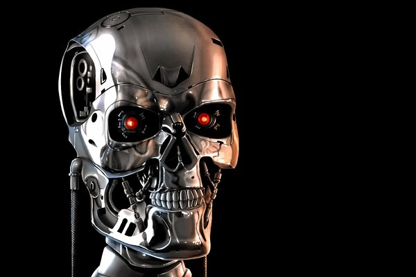 Terminator with red eyes on a black background