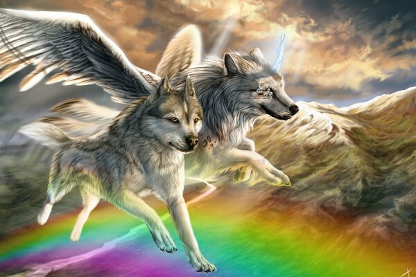 Paire de loups avec des ailes volant au-dessus de l arc-en-ciel art