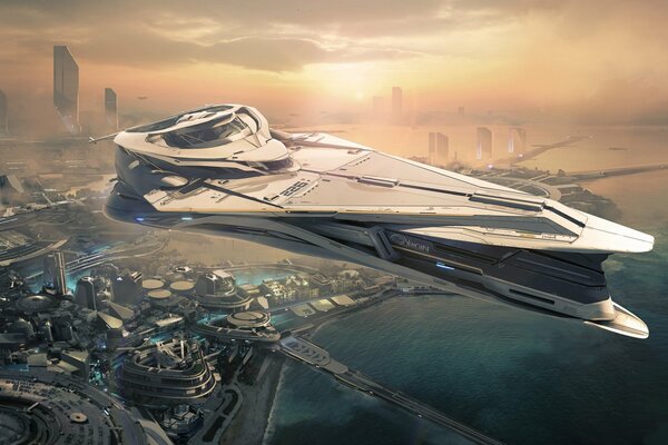 The ship of the future hovering over the city