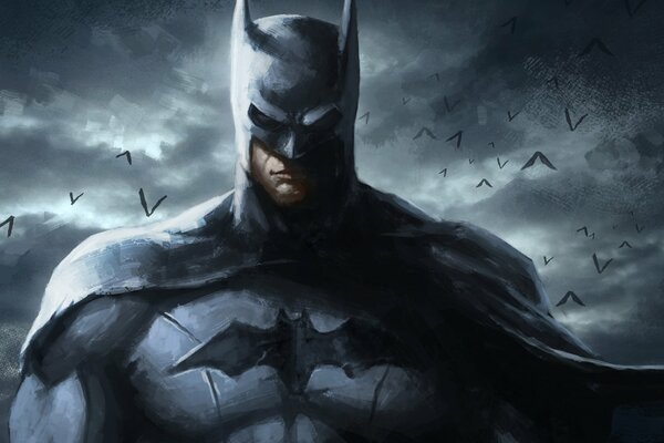 Gefürchteter Batman vor dem Hintergrund eines düsteren Himmels