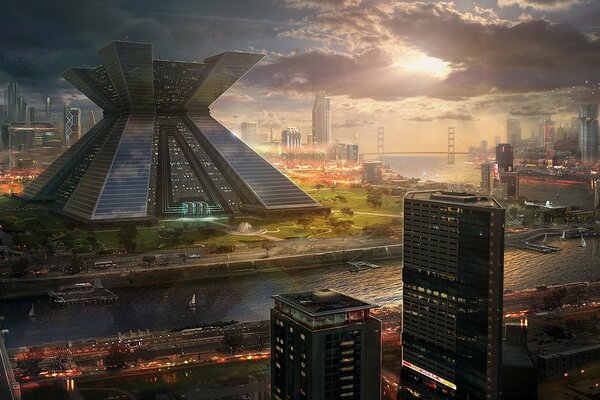 Ville du futur: pont sur la rivière sur fond de coucher de soleil