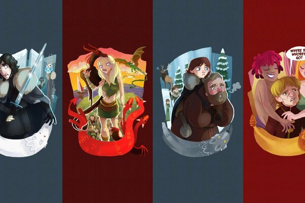 Characters from Game of Thrones drawn in cartoon style