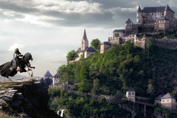 A rider on a horse gallops into the castle