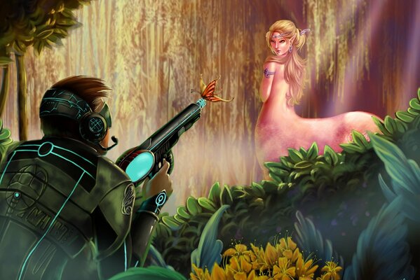 Un soldado con un arma Mira a una chica Centauro