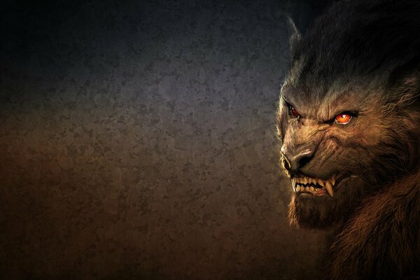 A werewolf with fangs and an evil look on a gray background