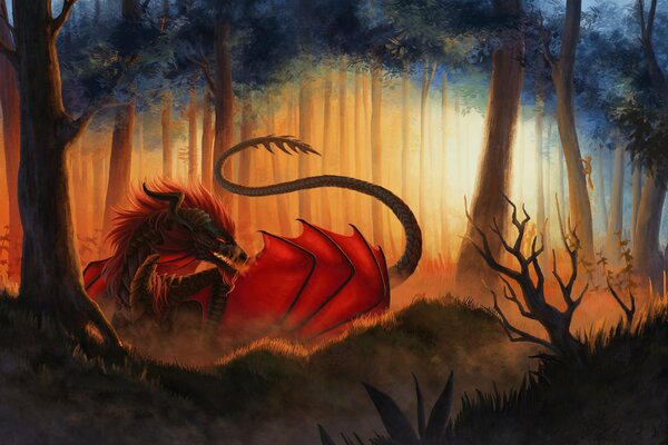 A dragon with an open mouth in the forest among the trees art