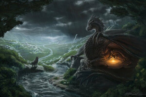 Fantastique dragon et loup figure