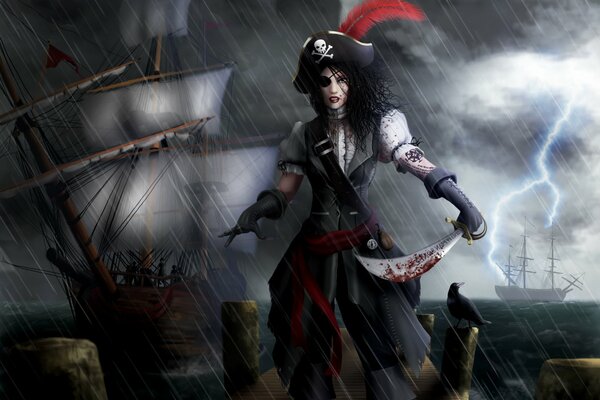 Chica pirata espada en sangre, barcos del océano tormenta tormenta