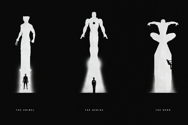 Three black and white images of superheroes