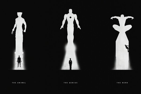 Tre raffigurazioni in bianco e nero di supereroi