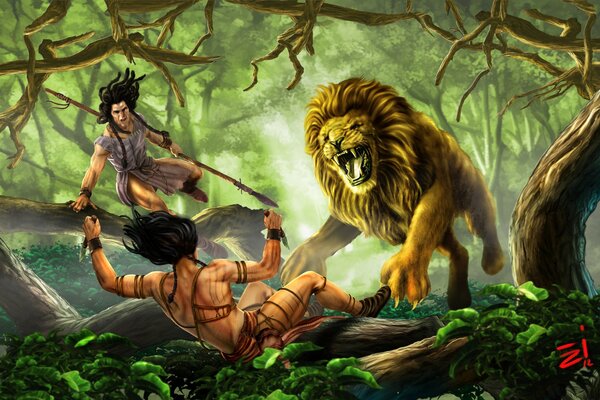 The lion and the hunters. Wild jungle. Art