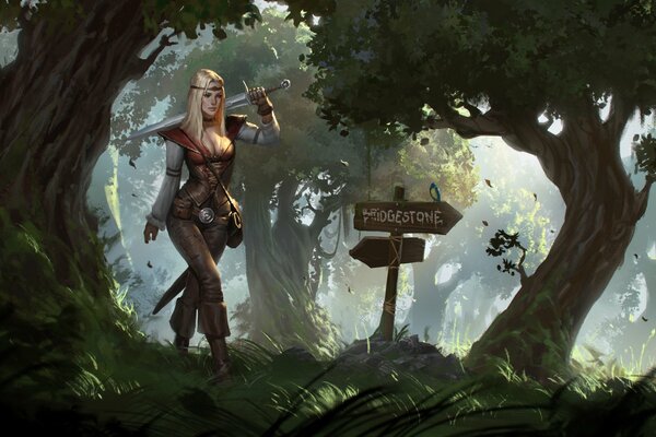 Девушка с мечом стоит в лесу