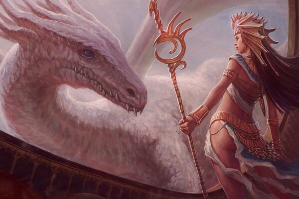 A militant girl and a white dragon