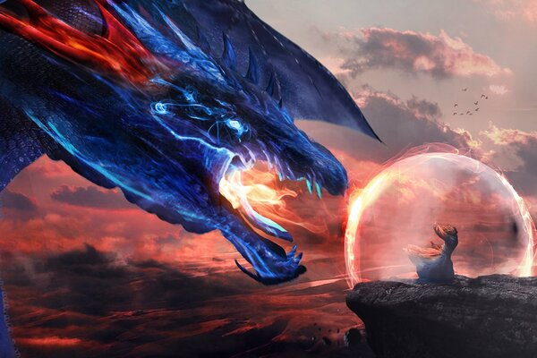 A blue glowing dragon fighting a magician