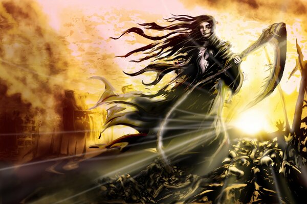 Stylized fantasy image of death with a scythe