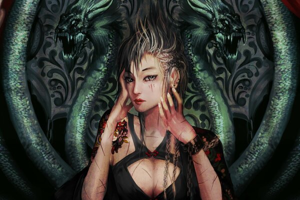 Девушка с порезами на фоне драконов