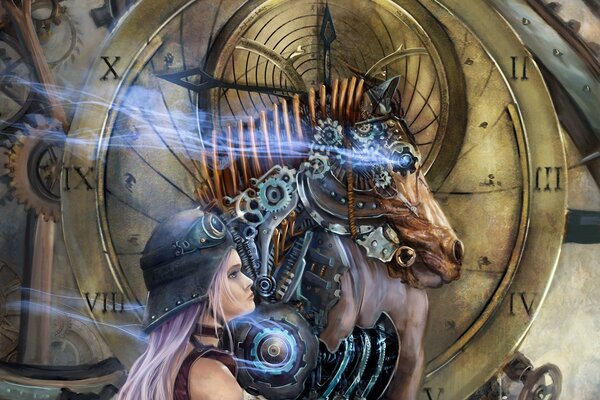 Arte della ragazza in un casco con un cavallo di metallo