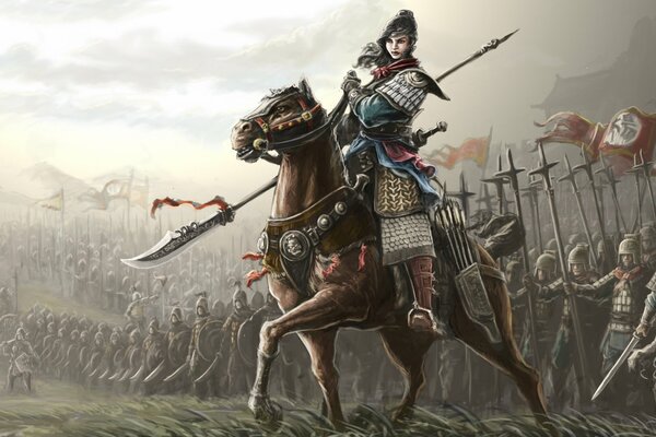 Warriors in armor led by a girl on a horse art