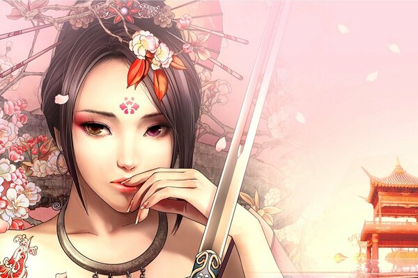 A thoughtful girl with a katana surrounded by flowers