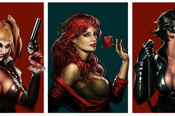 Sexy comic book heroines Harley Queen, Poison Ivy and Catwoman