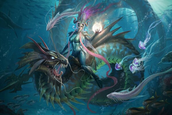 Kunst der magischen Unterwasserwelt mit einem Mädchen, das auf einem Drachen reitet