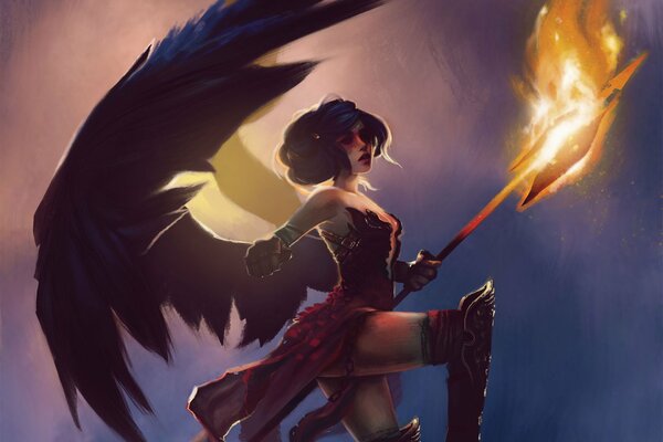Immagine fantasy di una ragazza con le ali e il fuoco