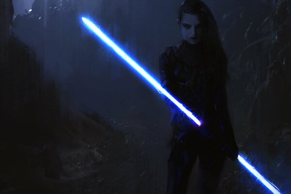 A girl in a cave with a lightsaber