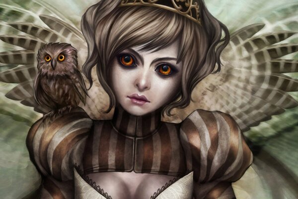 Owl girl with wings with an owl on her shoulder