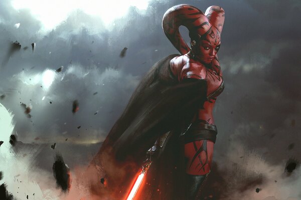 The girl is a scarlet demon with wings and a lightsaber against the background of dark clouds