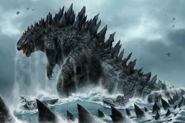 The sea monster Godzilla destroys ships