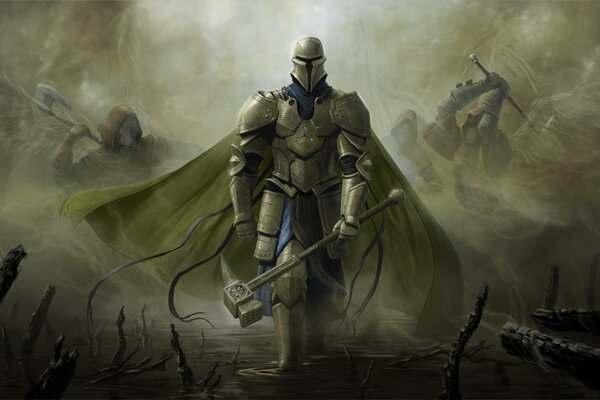 A warrior in armor among the swamp