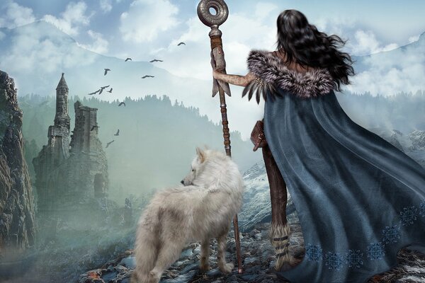 Fille et loup regarder la nature