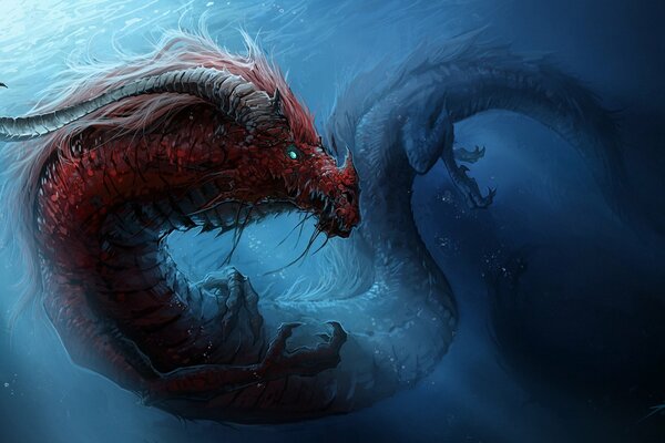 Underwater monster of red color with horns