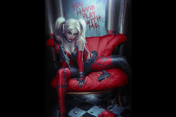 Il cattivo Harley Quinn sulla sedia rossa