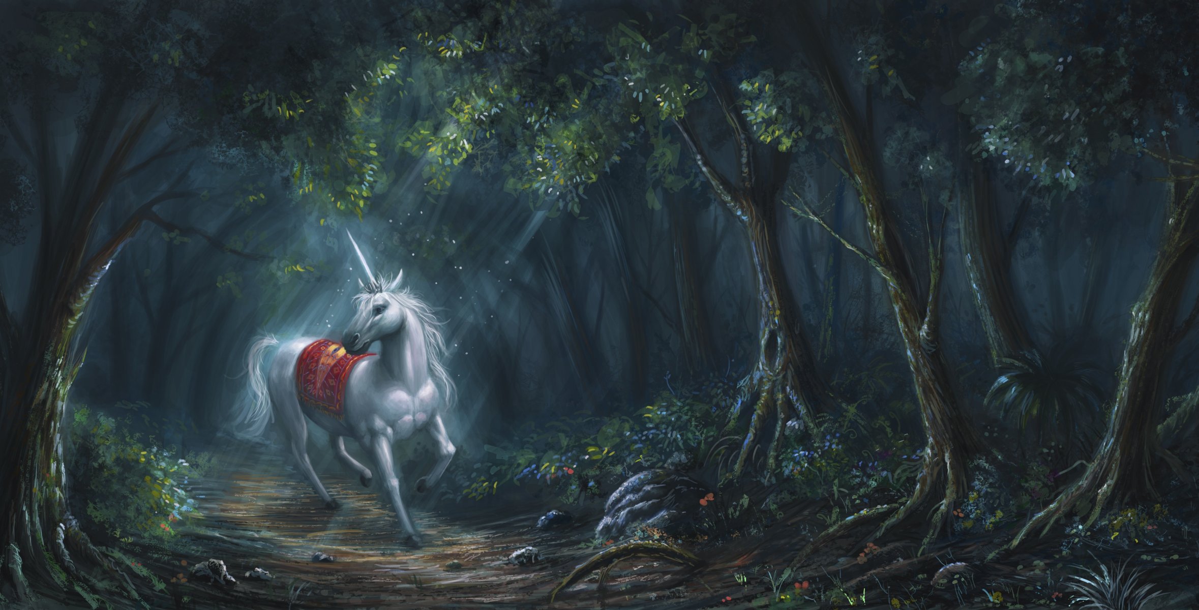 arte unicornio caballo blanco cuerno bosque fantasía