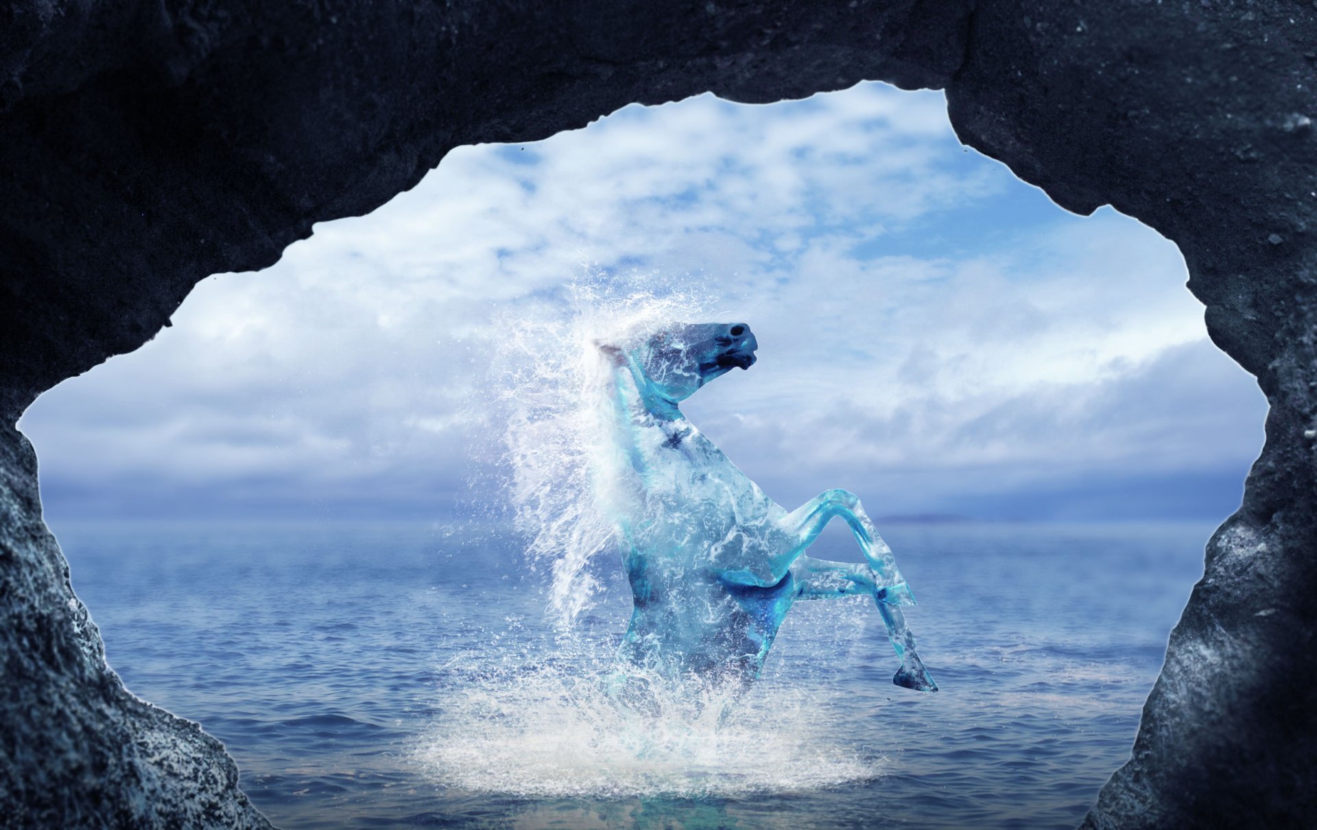 art animals horse water spray rock