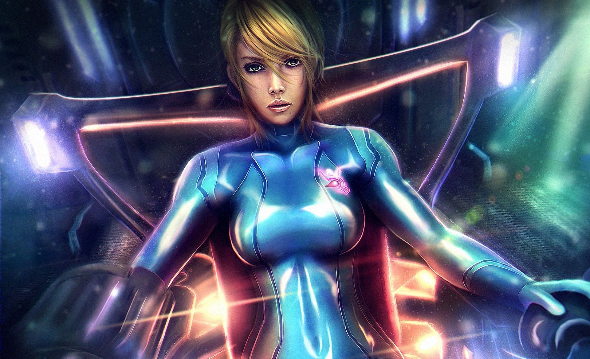 art girl sitting suit chair light metroid samus aran