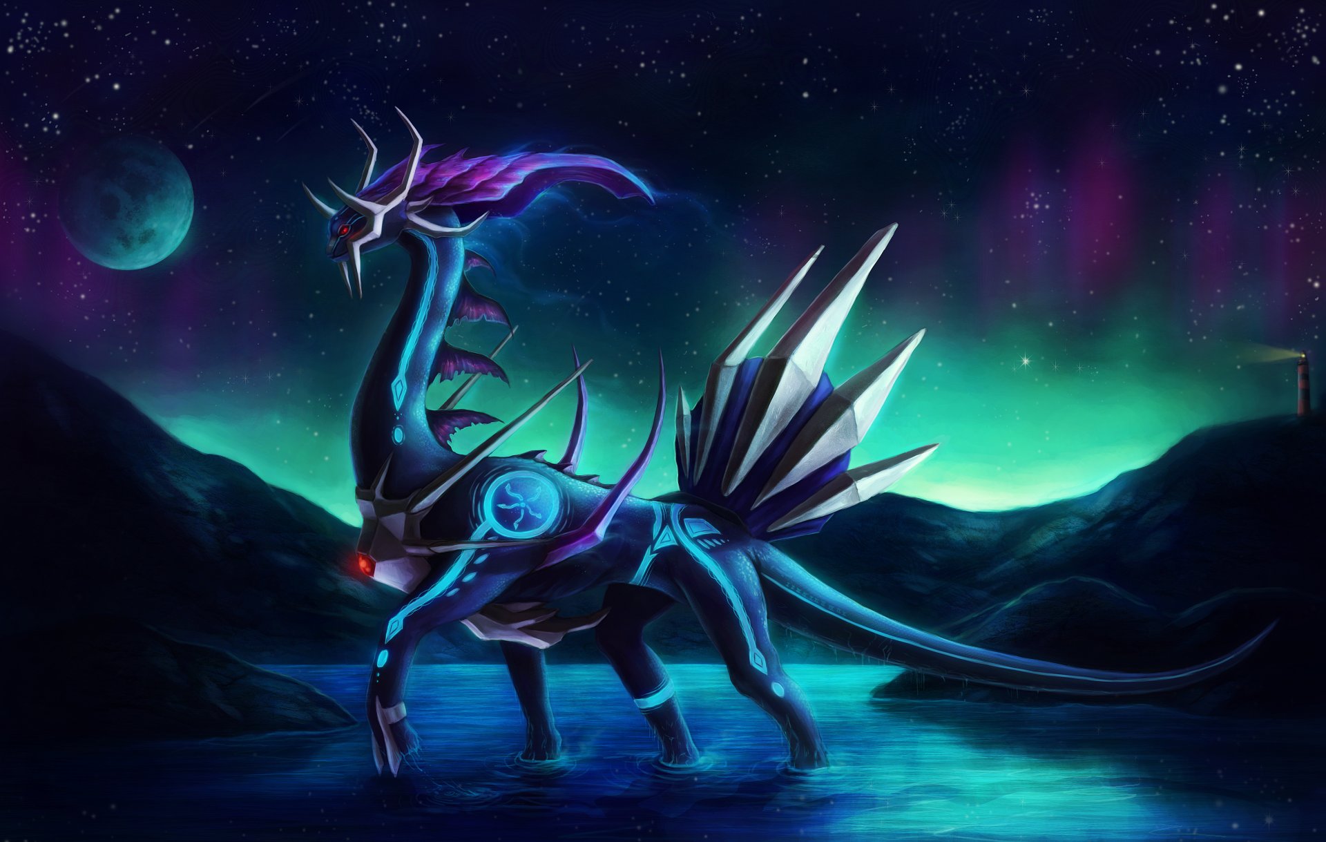 dialga fiction wallpaper picture dragon moon star north light