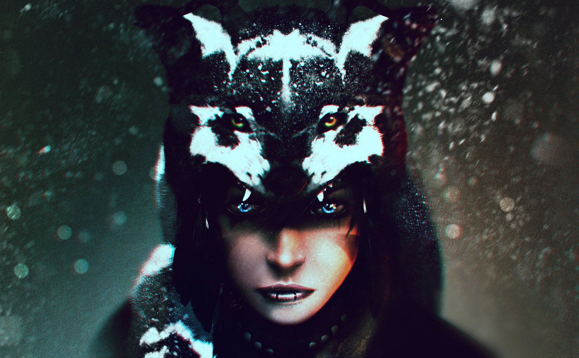 girl shaman art wolf view