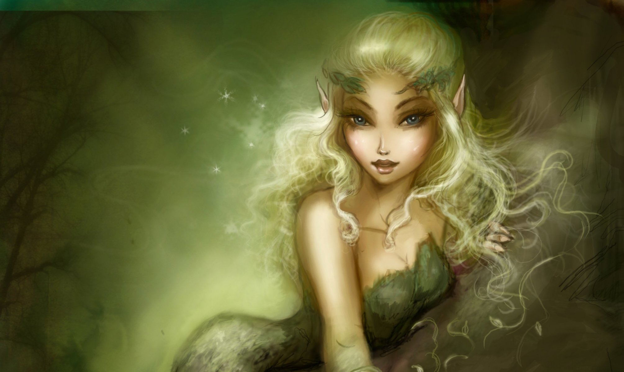 fiction art elf girl view hair hand nature tree green