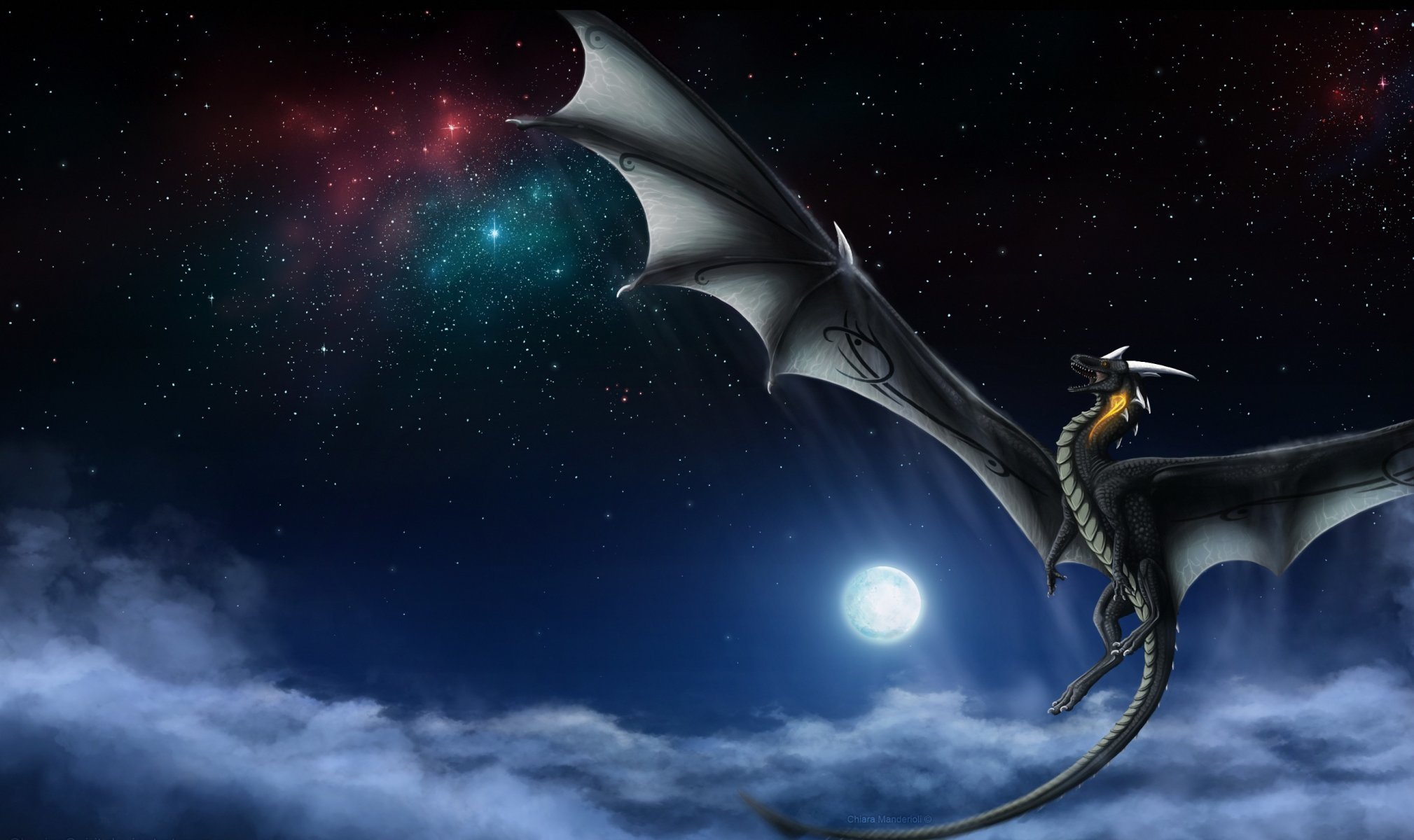 fantasía dragón alas cola vuelo noche cielo estrellas luna nubes