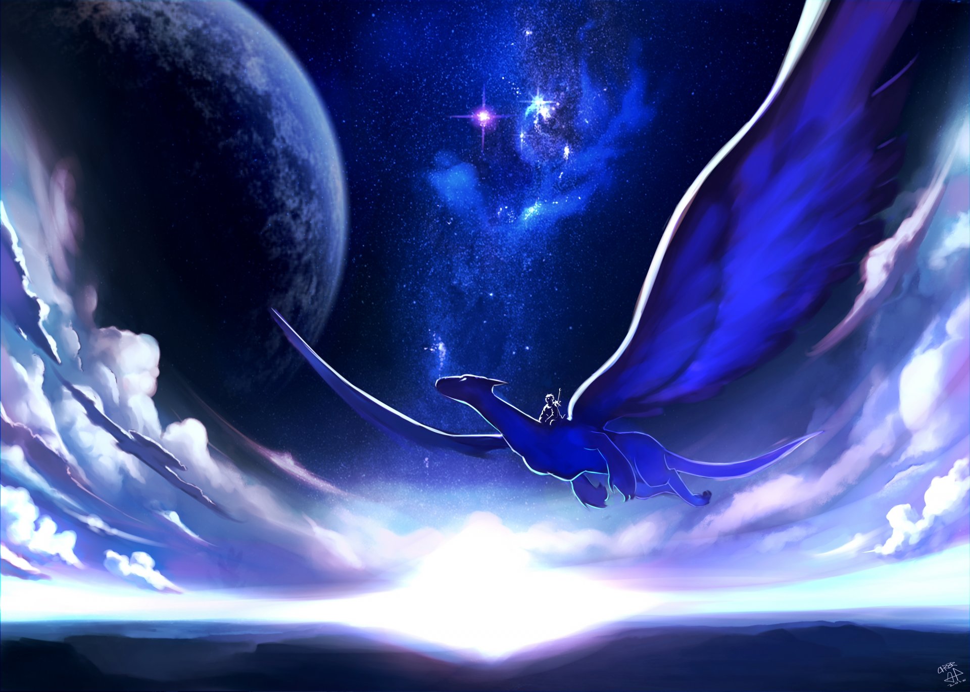 art sky dragon horseman flight night planet clouds star