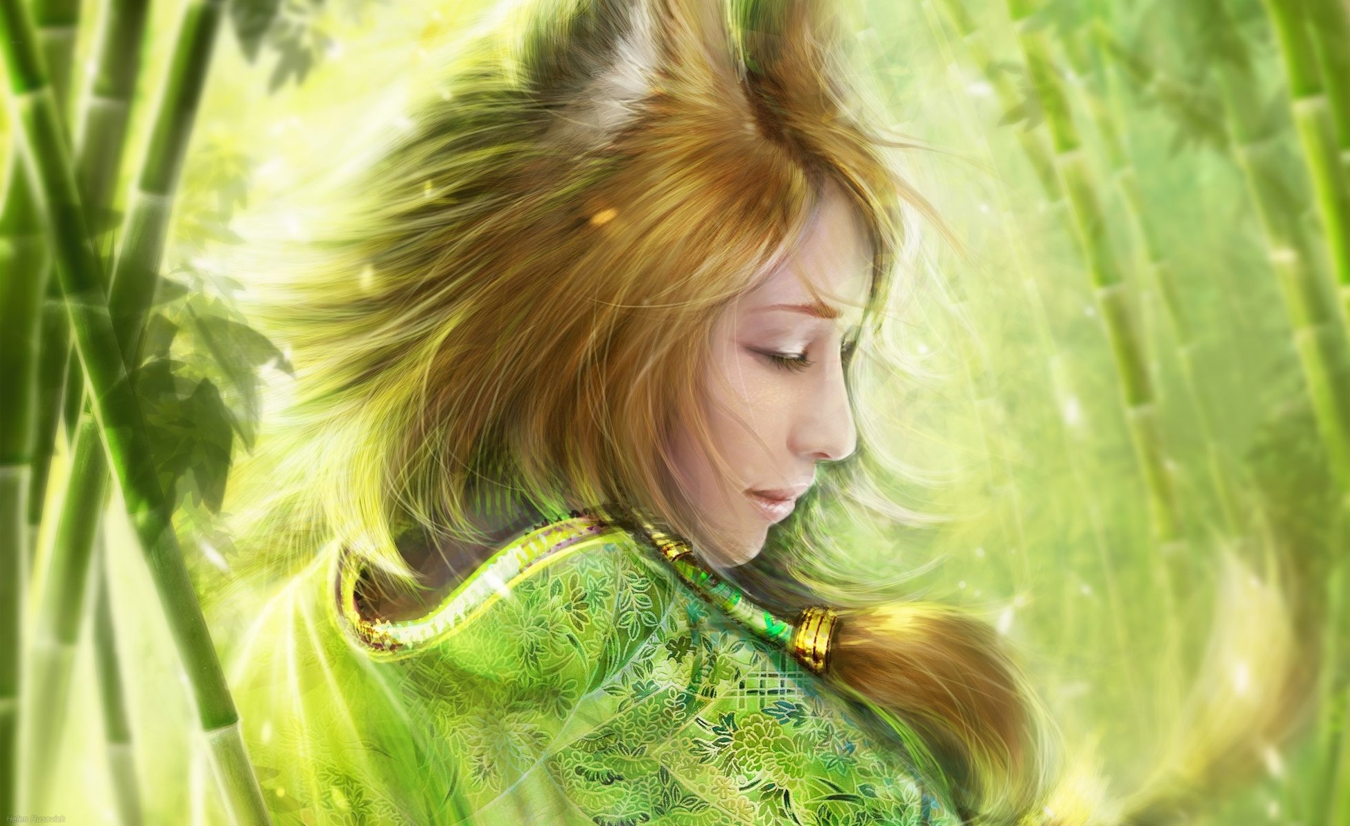 art helen rusovich bamboo fox girl fox fox ears bamboo kimono