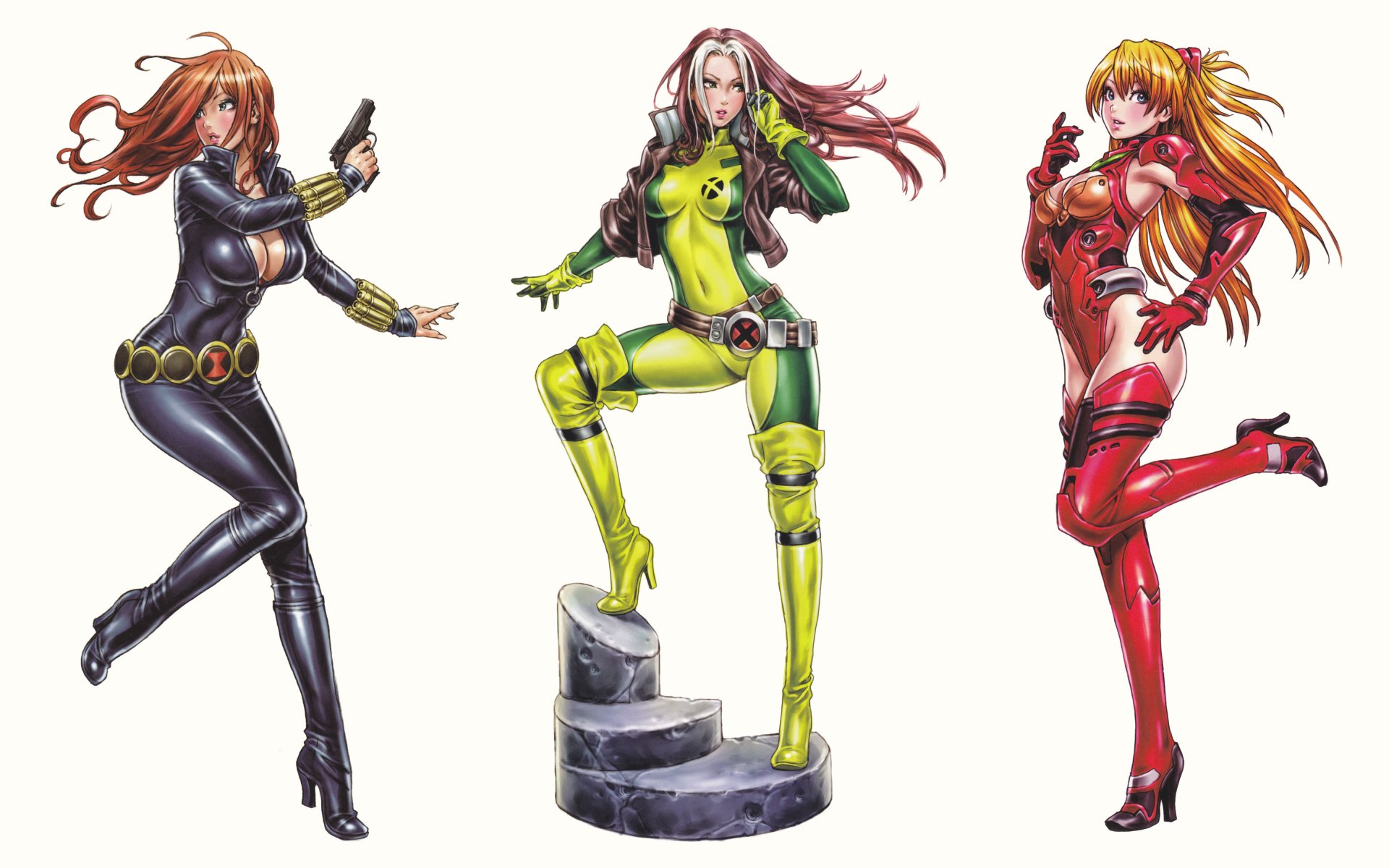 art girls black widow rogue asuka langley avengers x-men neon genesis evangelion yamashita shunya comics anime fiction white background